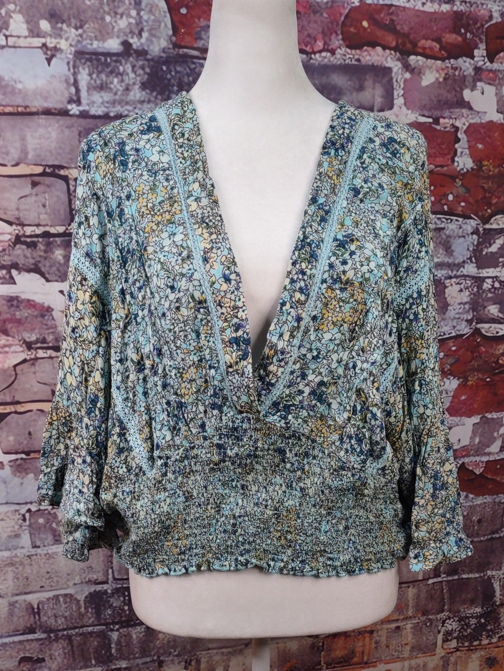 Angie Multi Floral V-Neck Smocked Waist Blouse